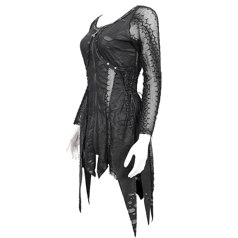 Gothic black net splicing irregular short dress featuring a zipper pull front and edgy design for unique style.