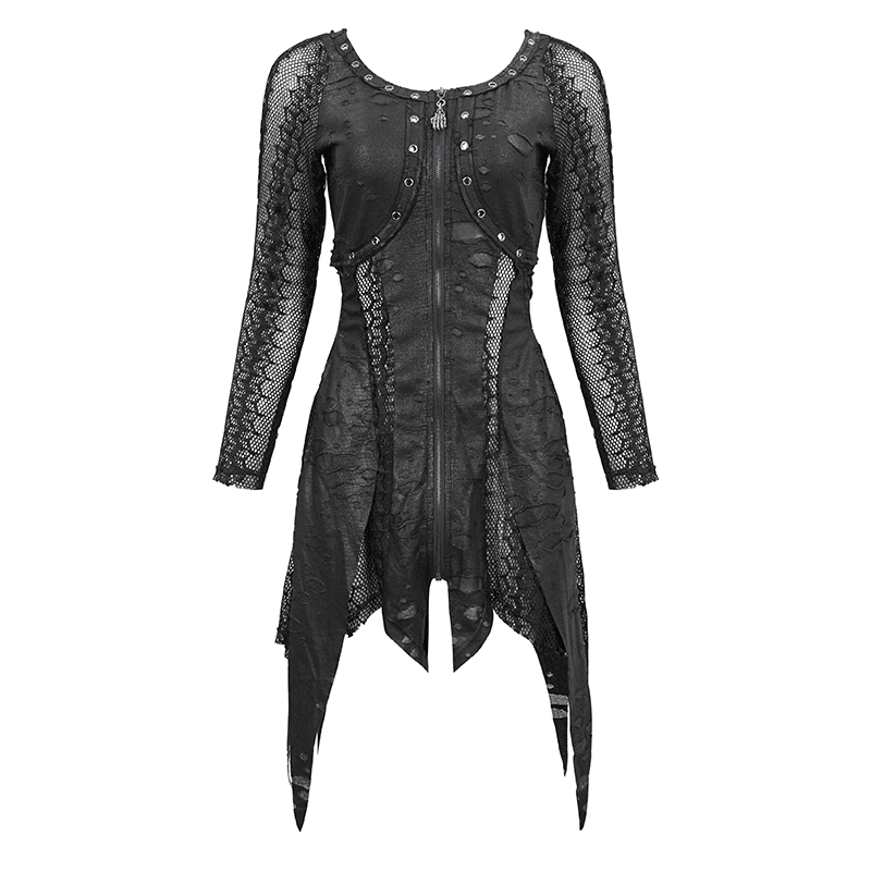 Gothic black net splicing irregular short dress with zipper front for women's edgy fashion.