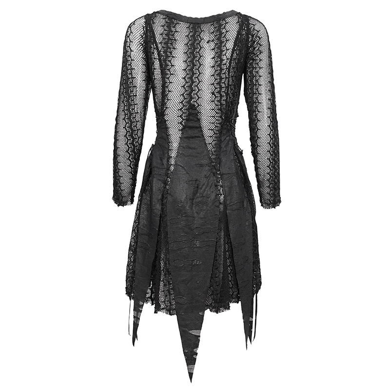 Black gothic women's dress with net splicing and irregular hem, showcasing elegant back view.