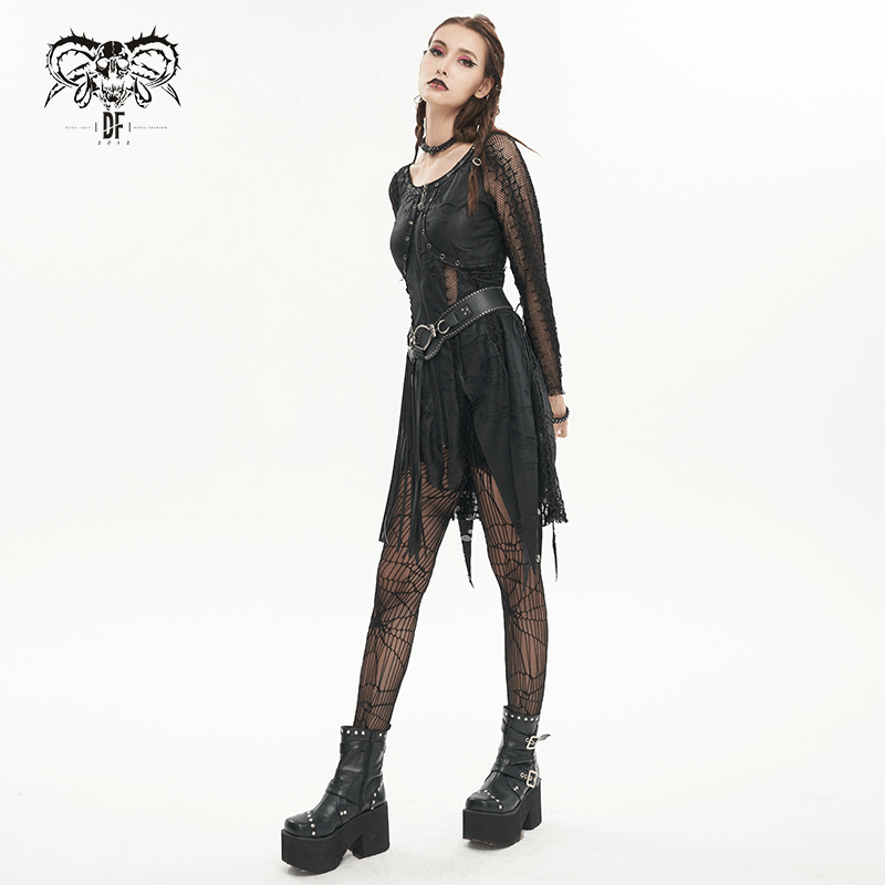 Gothic black net splicing short dress on a model, featuring zipper front and edgy accessories, perfect for a night out.