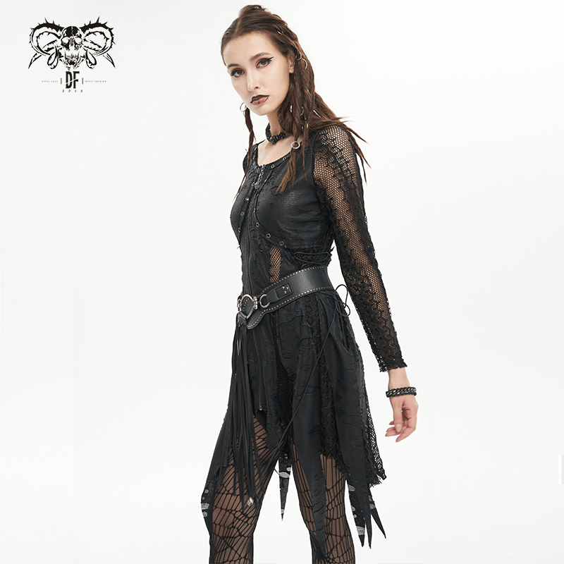 Gothic black net splicing short dress with edgy zipper pull front and tassel details, perfect for a striking night out.
