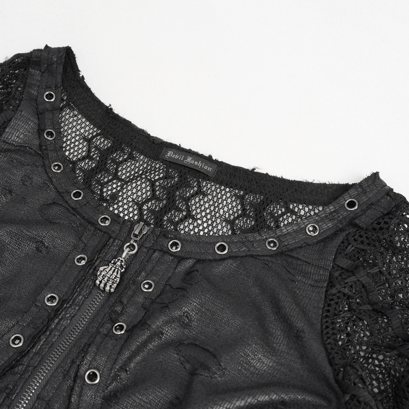 Gothic black net splicing short dress with zipper front and eyelets detail, showcasing edgy style by Devil Fashion.