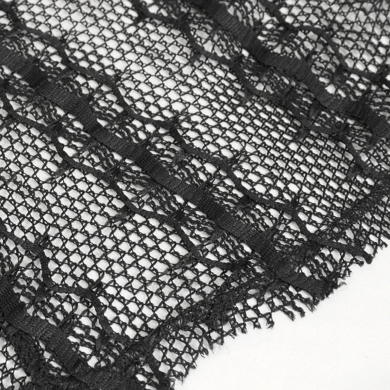 Close-up of intricate black net fabric with unique splicing details, perfect for gothic fashion items.