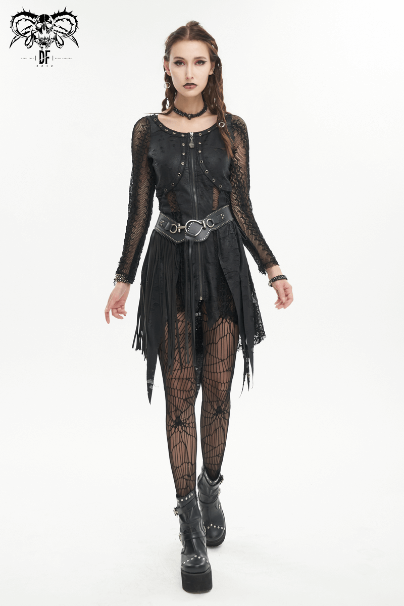 Gothic women's black net splicing irregular short dress with zipper pull front, paired with edgy accessories and fishnet tights.