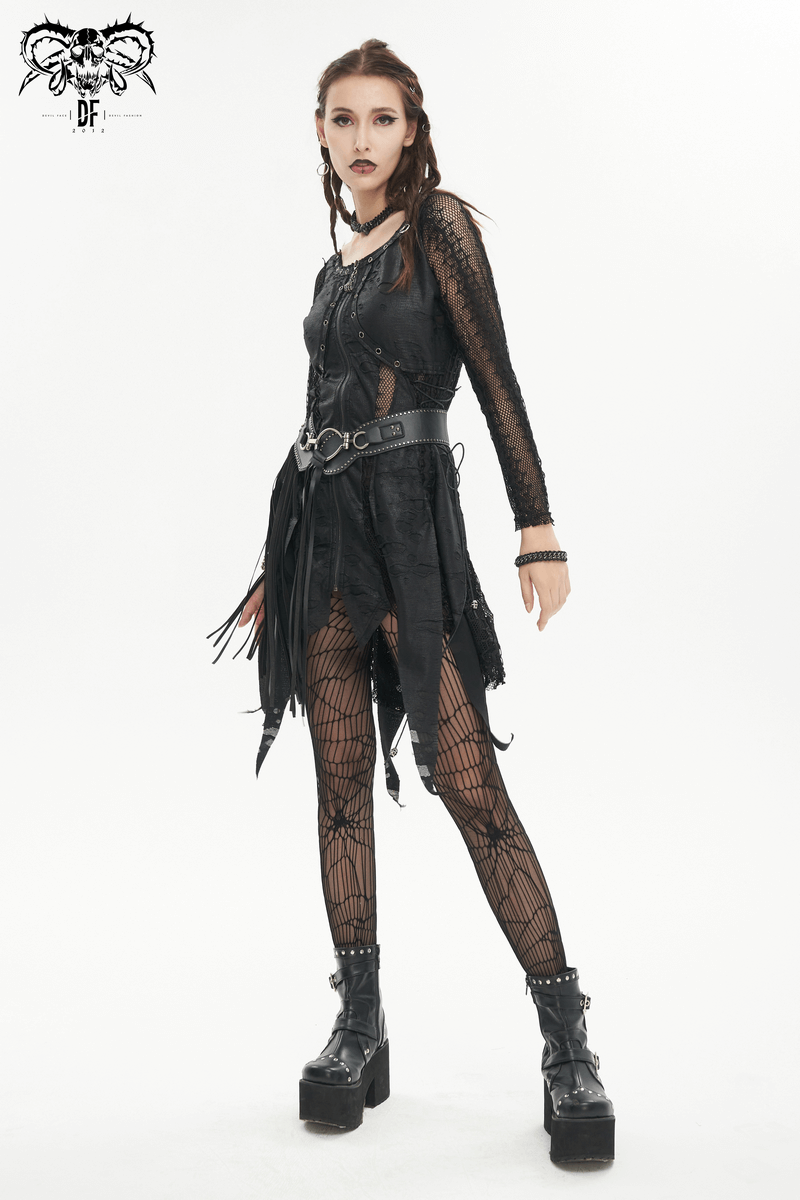 Gothic black net splicing short dress with zipper front, paired with stylish fishnet legging and bold platform boots.