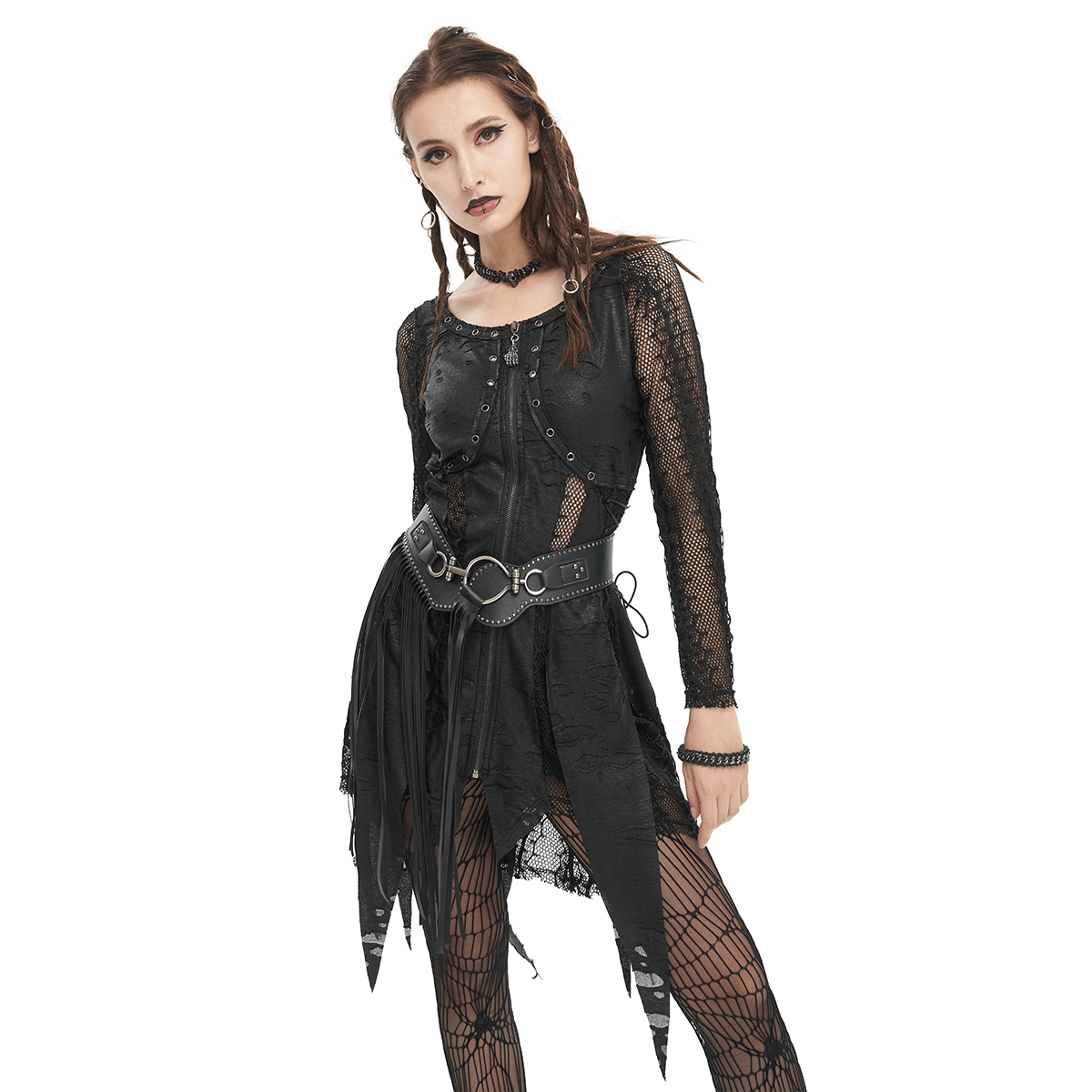 Gothic black net splicing irregular short dress with zipper pull front and edgy details on model.