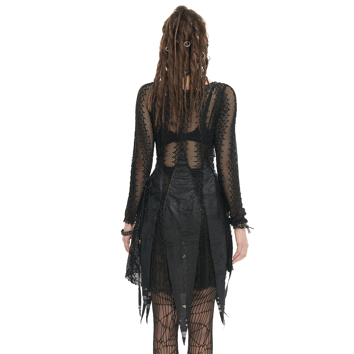 Back view of a gothic black net splicing irregular short dress with unique hem detail, perfect for edgy style.