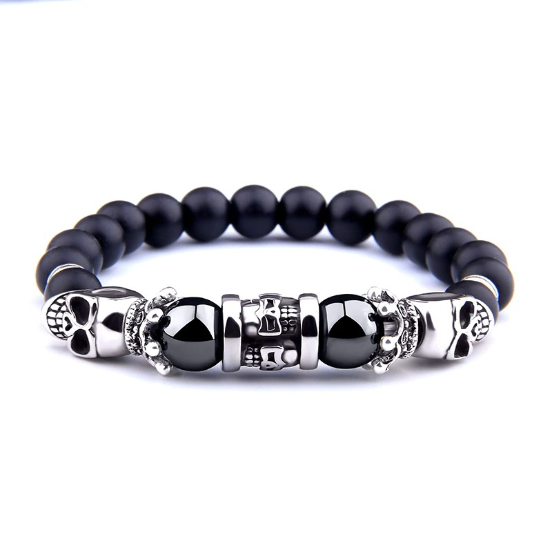 Black Onyx Stone Bracelet with Skull Beads for men and women, perfect for punk style outfits.