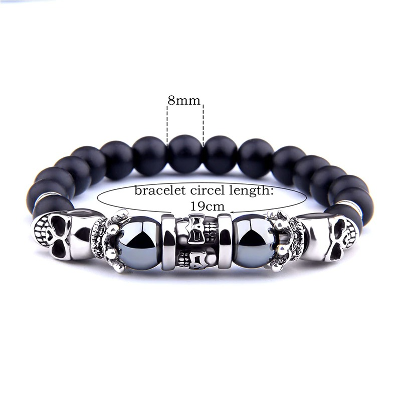 Black onyx stone bracelet with silver skull beads, stylish punk jewelry for men and women, 19cm length.