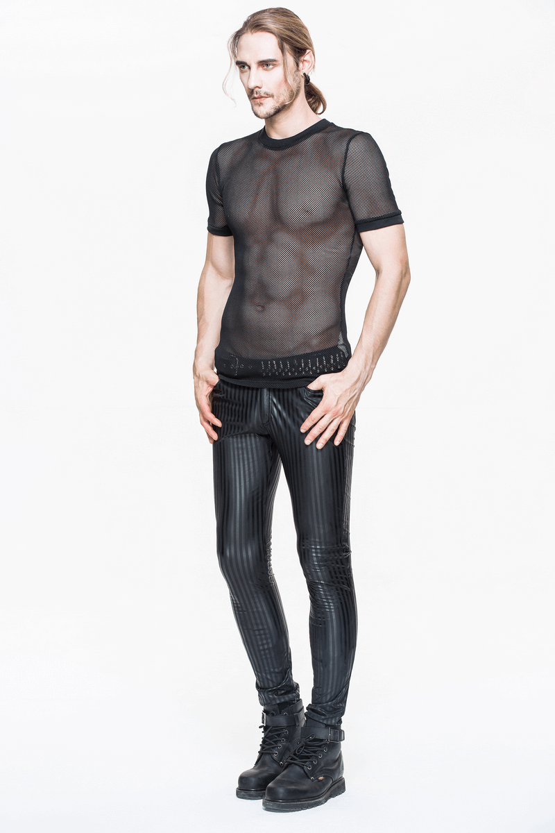 Men's gothic black fitted pants with vertical stripes, paired with a sheer black top and stylish boots.