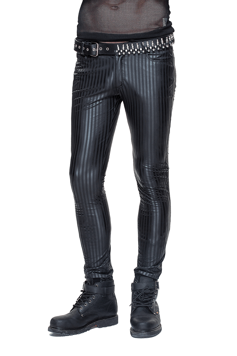 Men's black fitted pants with vertical stripes, gothic style, perfect for edgy fashion enthusiasts.
