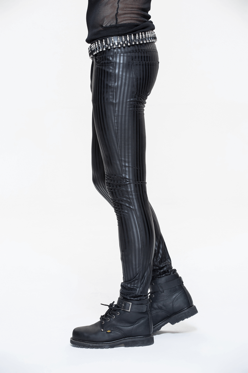 Men's black fitted pants with vertical stripes and stylish metallic belt, perfect for gothic retro fashion.