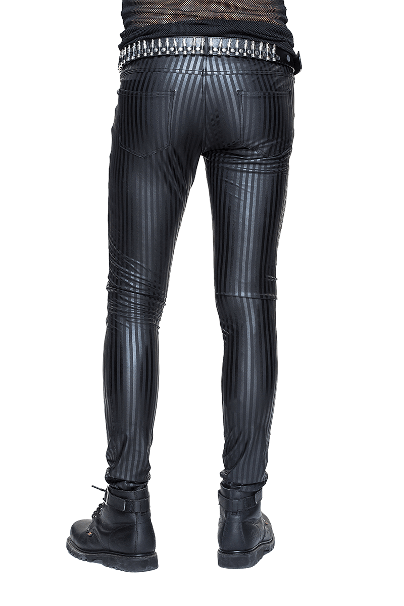 Men's black fitted pants with vertical stripes, gothic retro style, showcasing stylish semi-fitted design and edgy look.