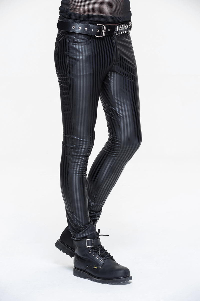 Men's fitted black pants with vertical stripes, stylish gothic retro design, perfect for edgy fashion lovers.