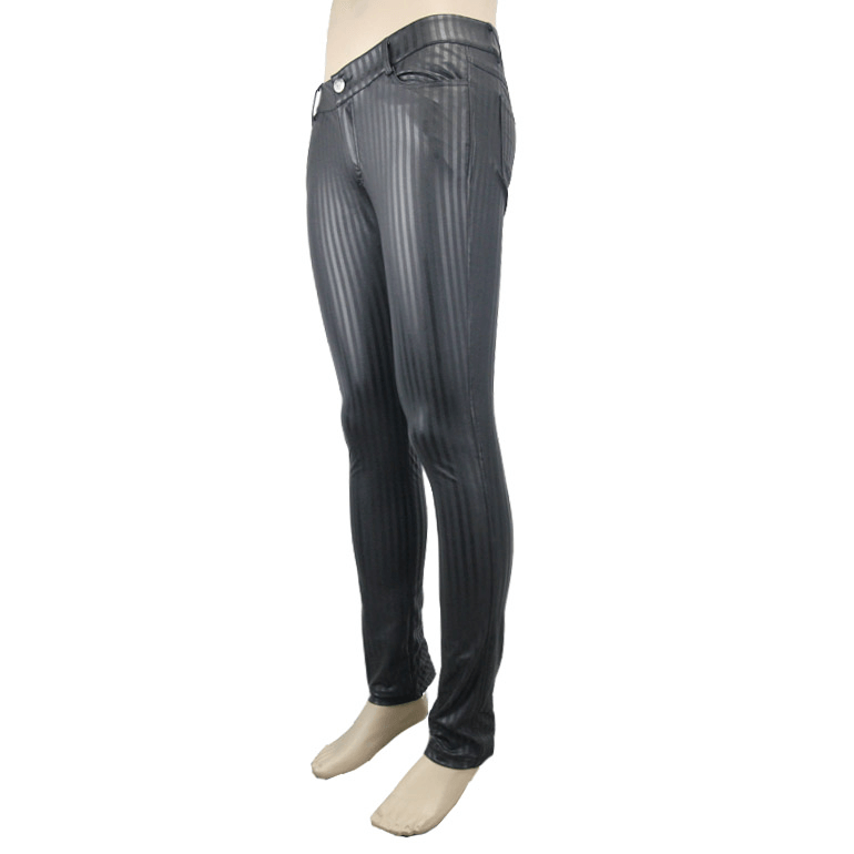 Men's black pants with vertical stripes, fitted trousers in gothic retro style, showcasing stylish side pockets.