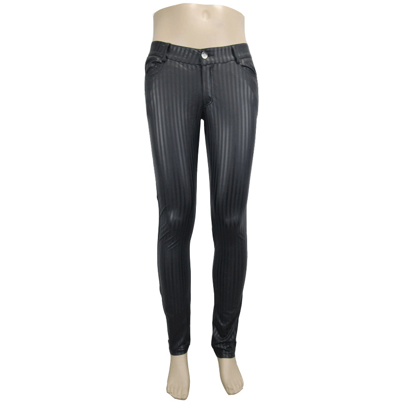 Men's fitted black pants with vertical stripes, gothic retro style, featuring pockets and a semi-fitted cut.