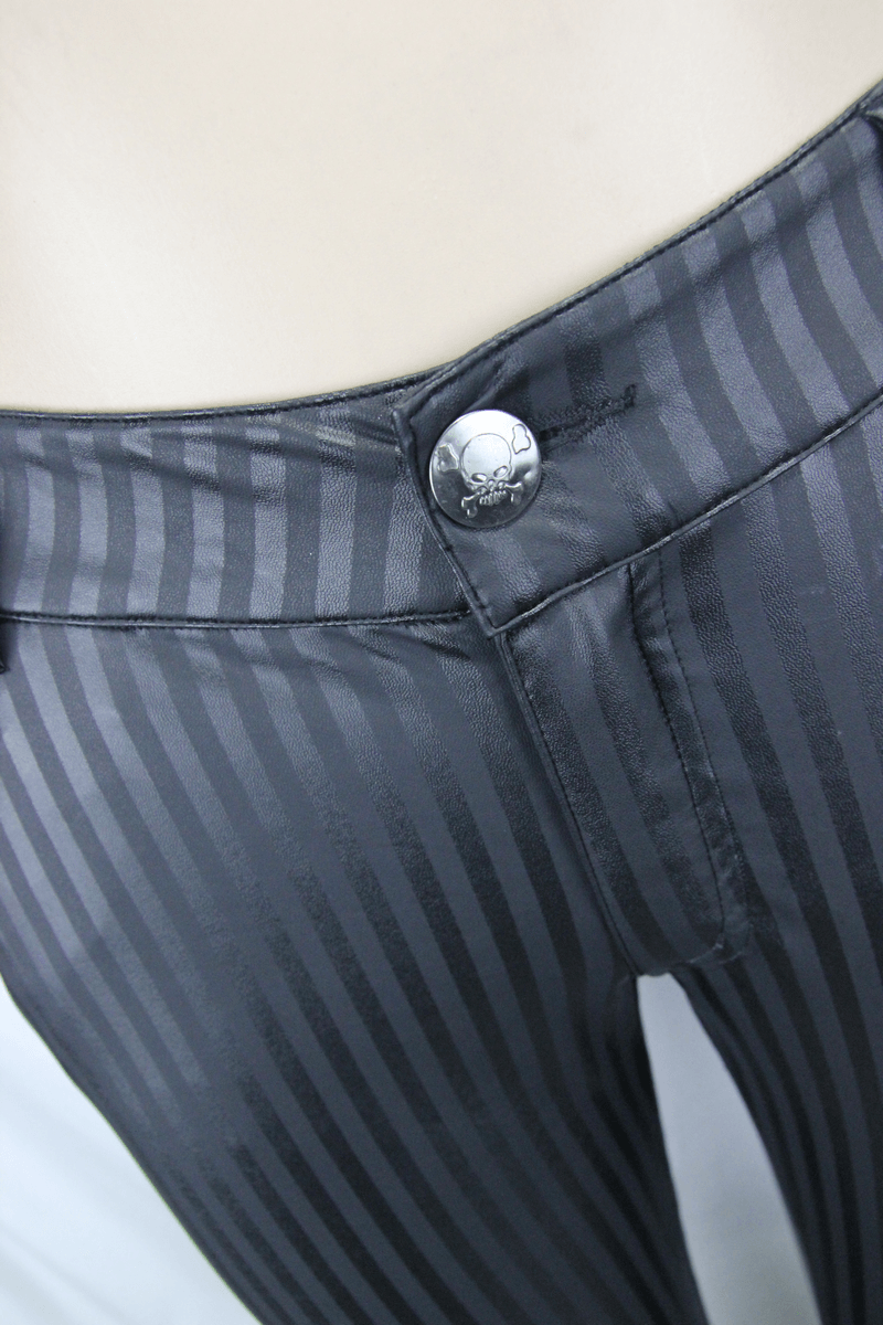 Men's black pants with vertical stripes and skull button for a stylish gothic retro look.