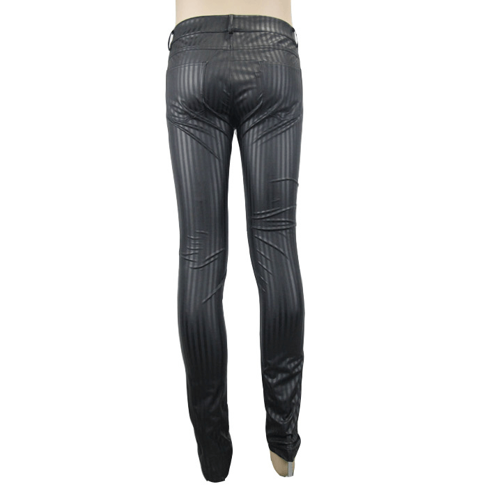Men's black fitted trousers with vertical stripes, stylish gothic retro design, showcasing a sleek back view.