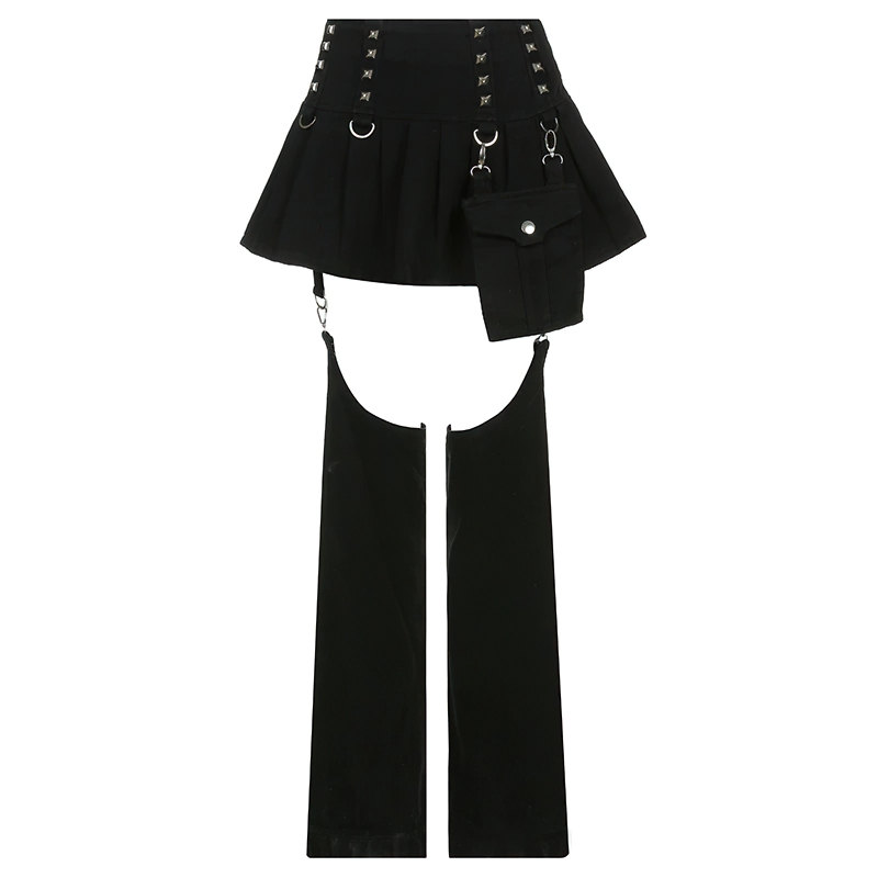 Trendy black woman’s patchwork skirt pants with pockets, gothic style, featuring silver rivets. Perfect for streetwear fashion.