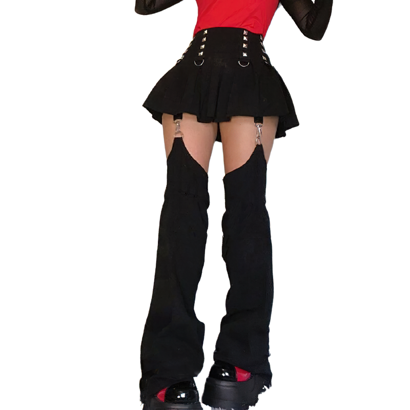 Trendy black patchwork skirt pants for women, featuring silver rivets and pockets, perfect for gothic streetwear style.