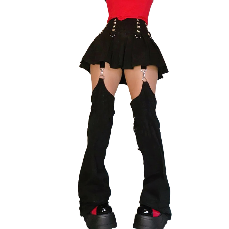 Trendy black patchwork skirt pants for women in gothic style with pockets and silver rivets, perfect for streetwear.