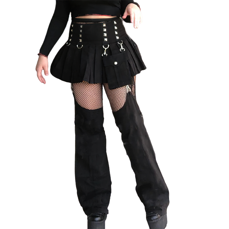 Trendy black patchwork skirt pants for women, featuring gothic style, pockets, and edgy silver rivets.