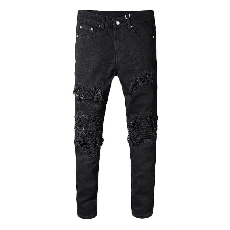 Black Patchwork Stretch Biker Jeans for Motorcycle Fashion / Slim Fit Skinny Ripped Pencil Pants - HARD'N'HEAVY