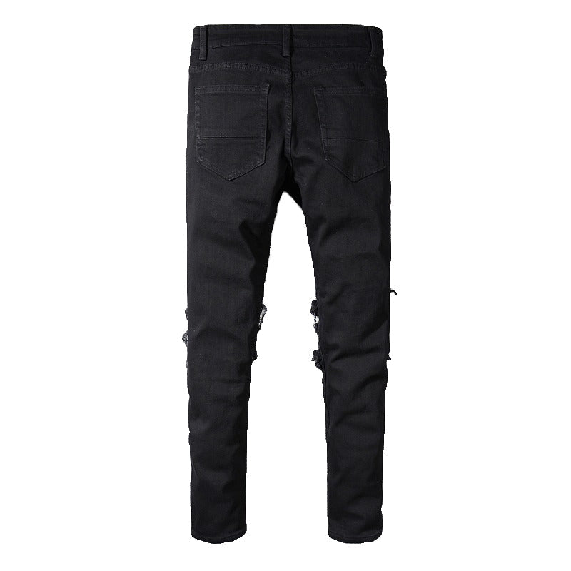 Back view of Black Patchwork Stretch Biker Jeans, slim fit skinny ripped denim pants for motorcycle fashion.