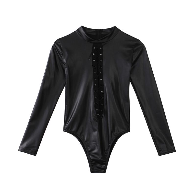 Black patent faux leather bodysuit with chest lacing, perfect for gothic and sexy looks.