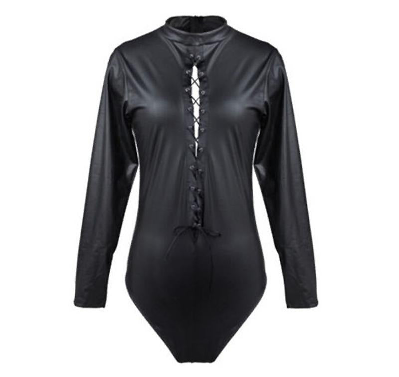 Black patent faux leather bodysuit with lacing detail, perfect for gothic style outfits.