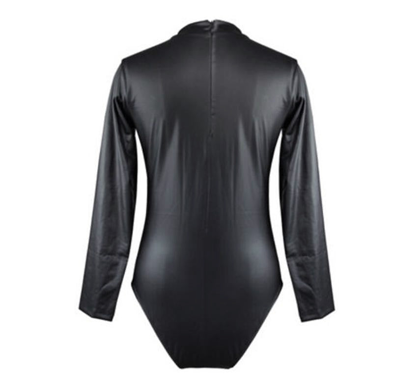 Back view of a women's black patent faux leather bodysuit with long sleeves, perfect for gothic and sexy style.