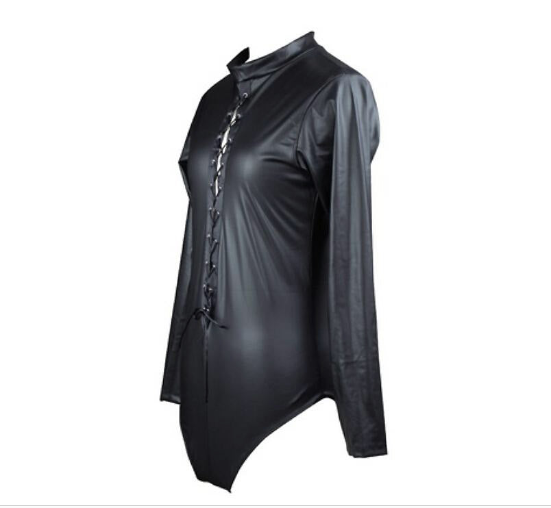 Black patent faux leather bodysuit showcasing lace-up design, perfect for women’s gothic style fashion.