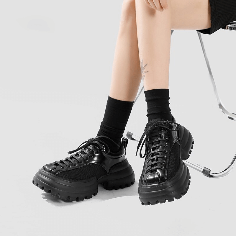 Black Platform Shoes for Women / Goth Cool Lace Up Walking Pumps / Casual Leather Shoes