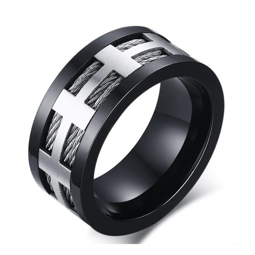 Black plating 316L stainless steel ring with brushed punk style design and cross detailing, perfect for any edgy look.