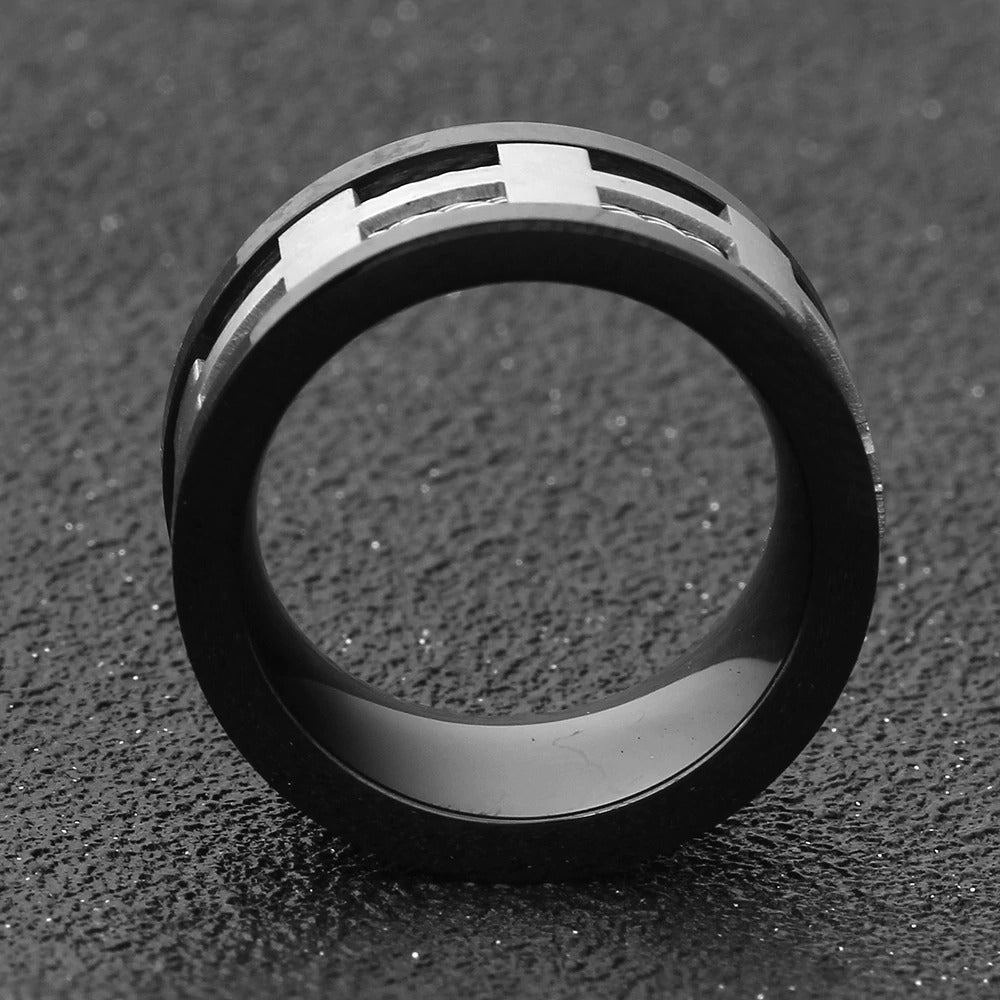 Black plating men's 316L stainless steel ring with matte finish, featuring a stylish punk design and modern cutout details.