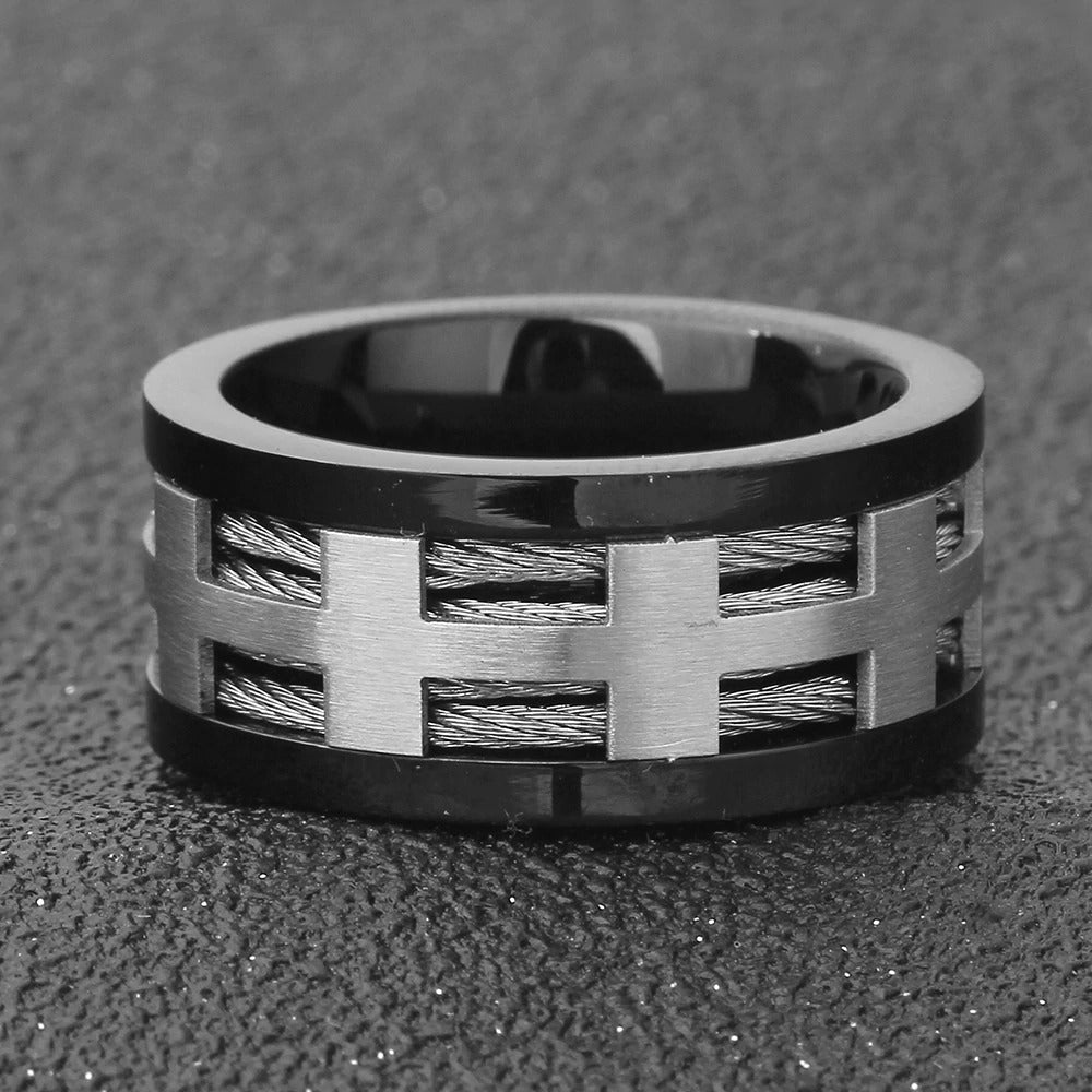 Stylish black stainless steel ring with brushed matte finish, perfect for punk and gothic fashion.