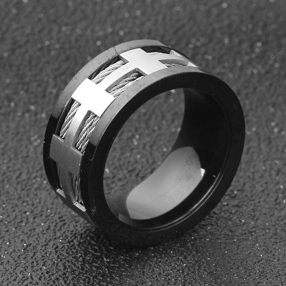 Stylish black stainless steel ring with brushed matte finish and cross design, perfect for men's punk accessories.