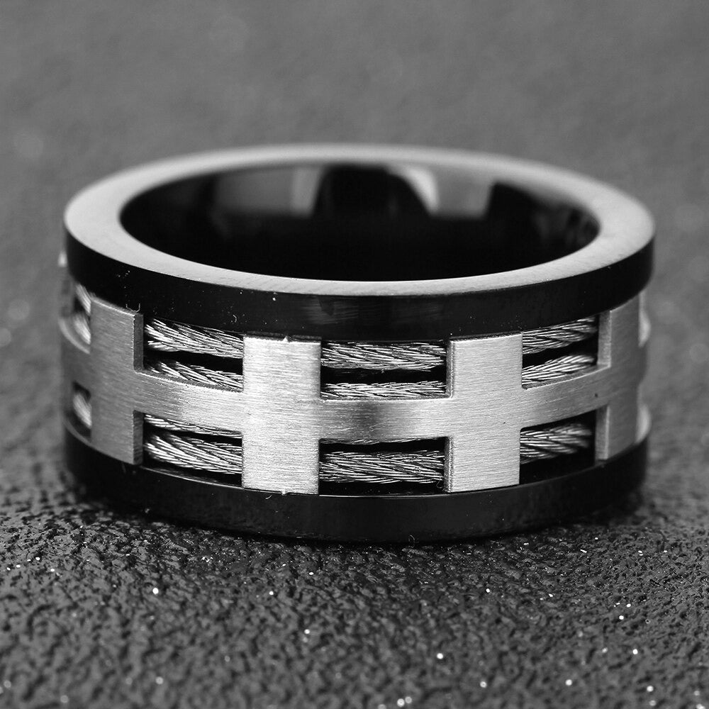 Matte finish black plating 316L stainless steel punk style ring with stylish brushed design.