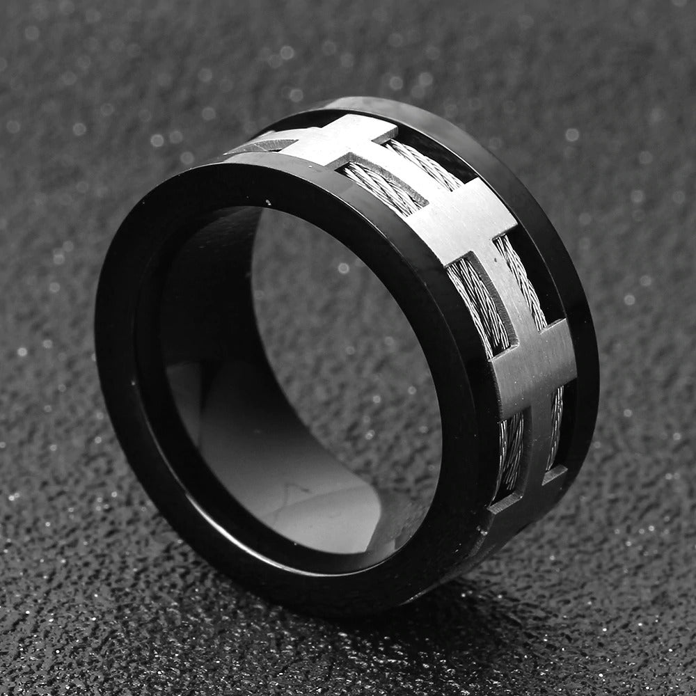 Stylish black plating 316L stainless steel ring with brushed matte finish and unique geometric design.