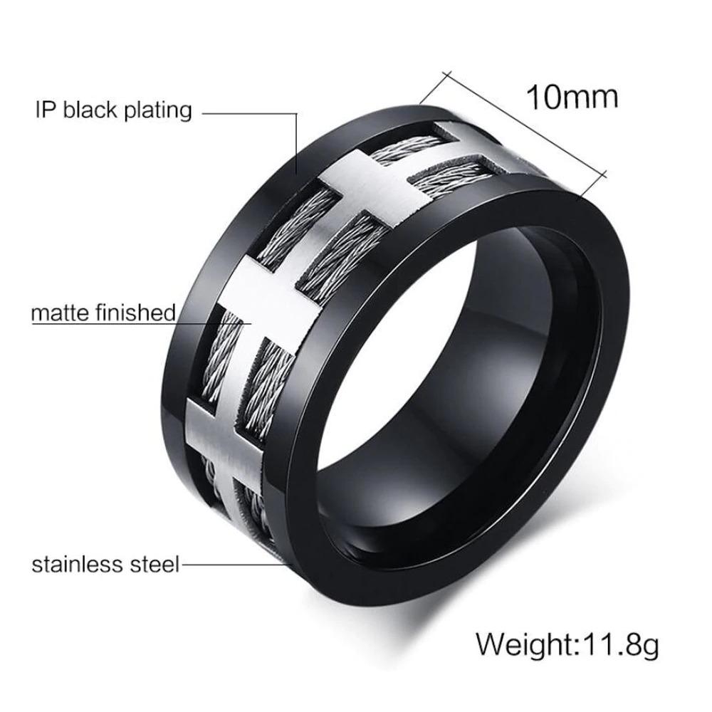 Stylish black matte finished stainless steel ring with IP black plating and unique pattern, 10mm width, weight 11.8g.