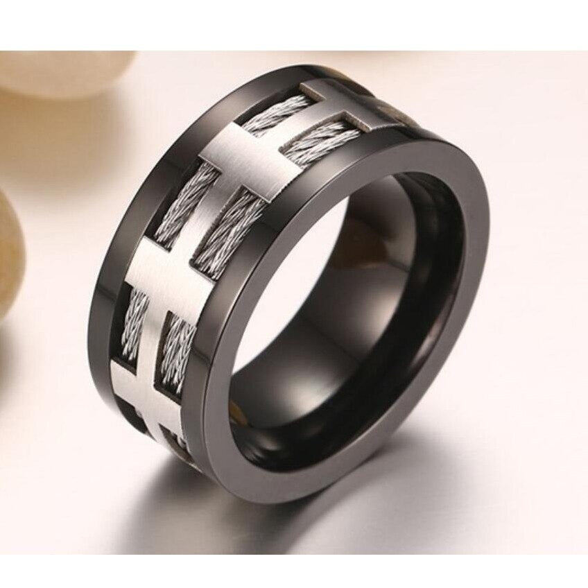 Stylish black plating 316L stainless steel ring with matte finish and brushed design for a punk look.