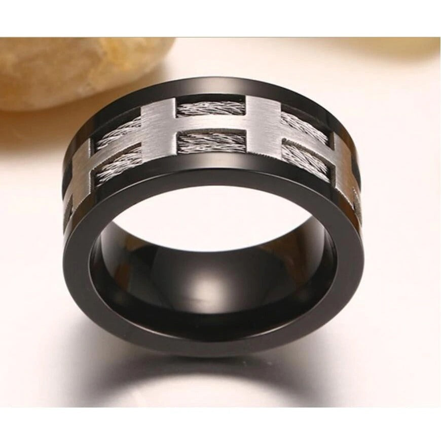 Black plating 316L stainless steel ring with brushed design, perfect for punk style jewelry enthusiasts.
