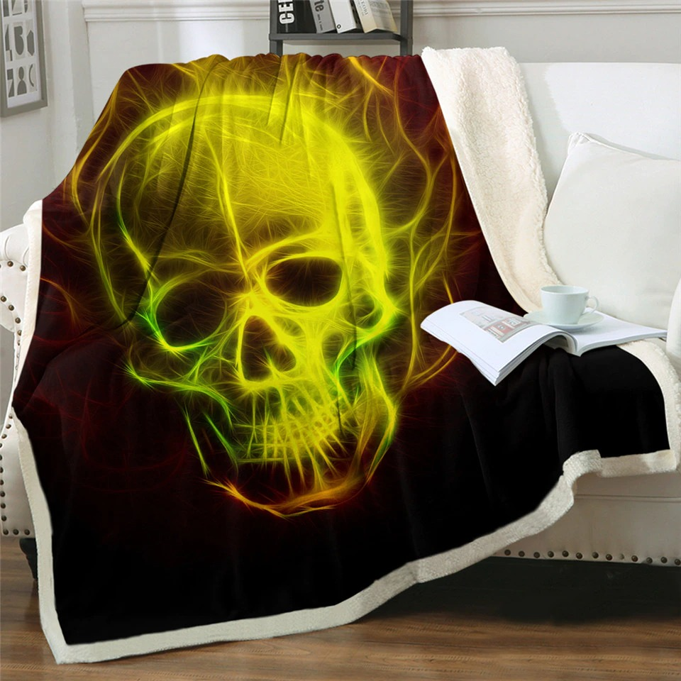 Black Plush Blanket With Print Of Fiery Skull / Fashion Sherpa Blankets for Home - HARD'N'HEAVY