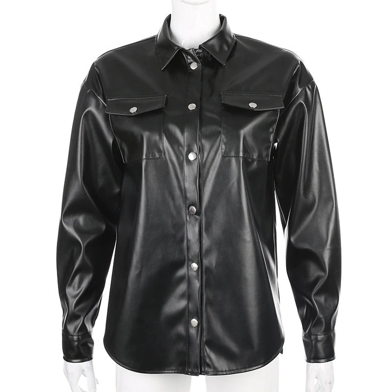 Black PU Leather Blouse Women Cardigan / Fashion Women's Shirt Top with Long Sleeves - HARD'N'HEAVY