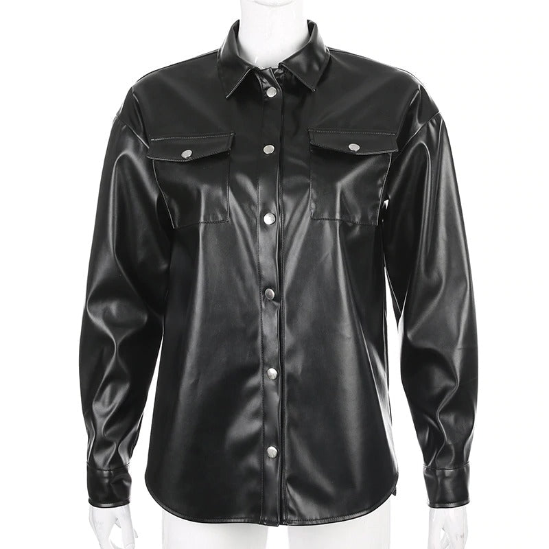 Stylish black PU leather blouse for women with long sleeves and chest pockets, perfect for trendy outfits.