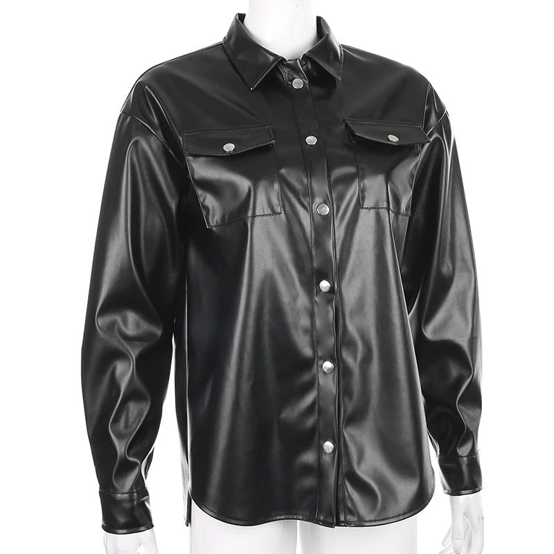 Stylish black PU leather blouse for women, featuring long sleeves, turn-down collar, and chest pockets.