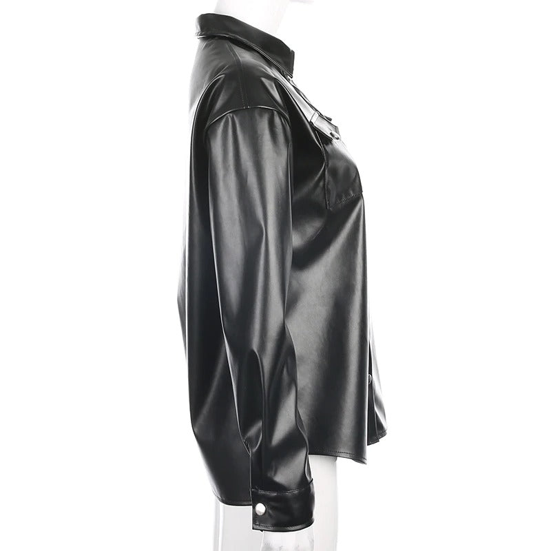 Side view of a stylish black PU leather blouse for women with long sleeves and a turn-down collar.