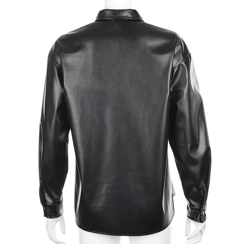 Back view of a stylish black PU leather blouse for women with long sleeves and turn-down collar.