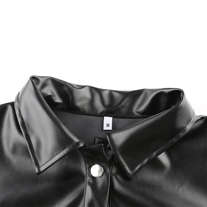 Close-up of a black PU leather blouse collar with button detail, showcasing stylish fashion for women.