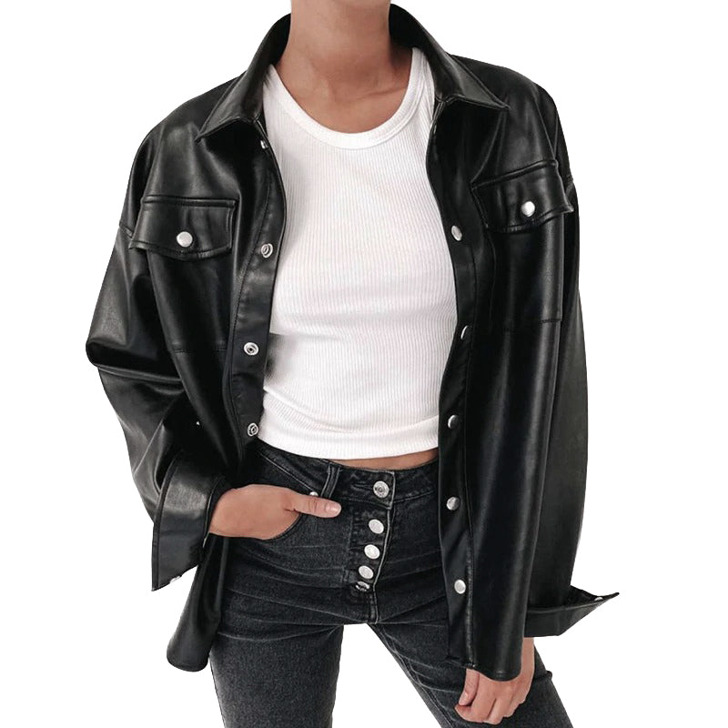 Black PU leather blouse worn open over a white top, featuring long sleeves and chest pockets, perfect for any casual look.